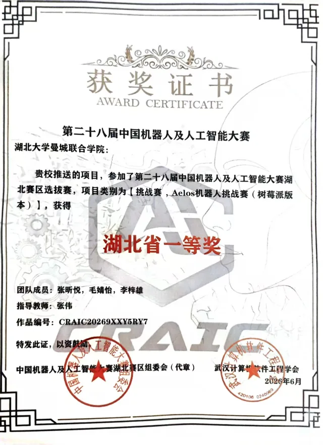 中国机器人及人工智能大赛湖北赛区选拔赛 · 湖北省一等奖