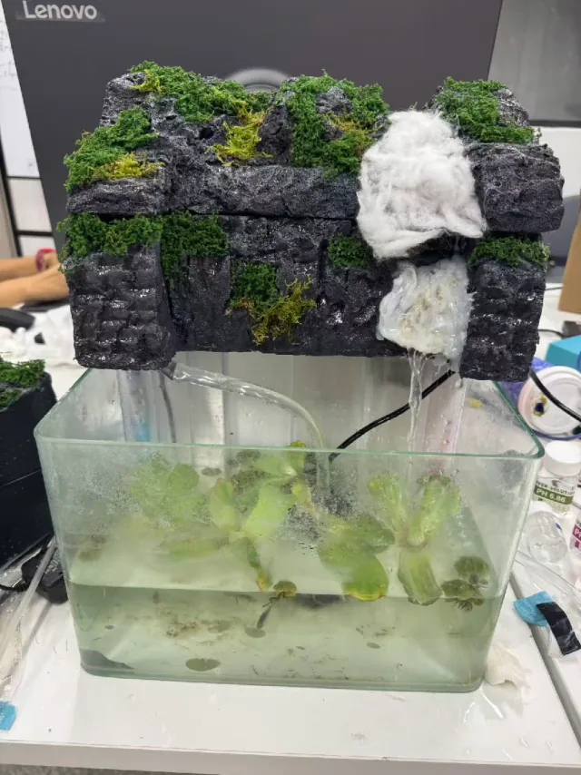 AquaClaw 原型实物:假山造景与鱼缸一体布置